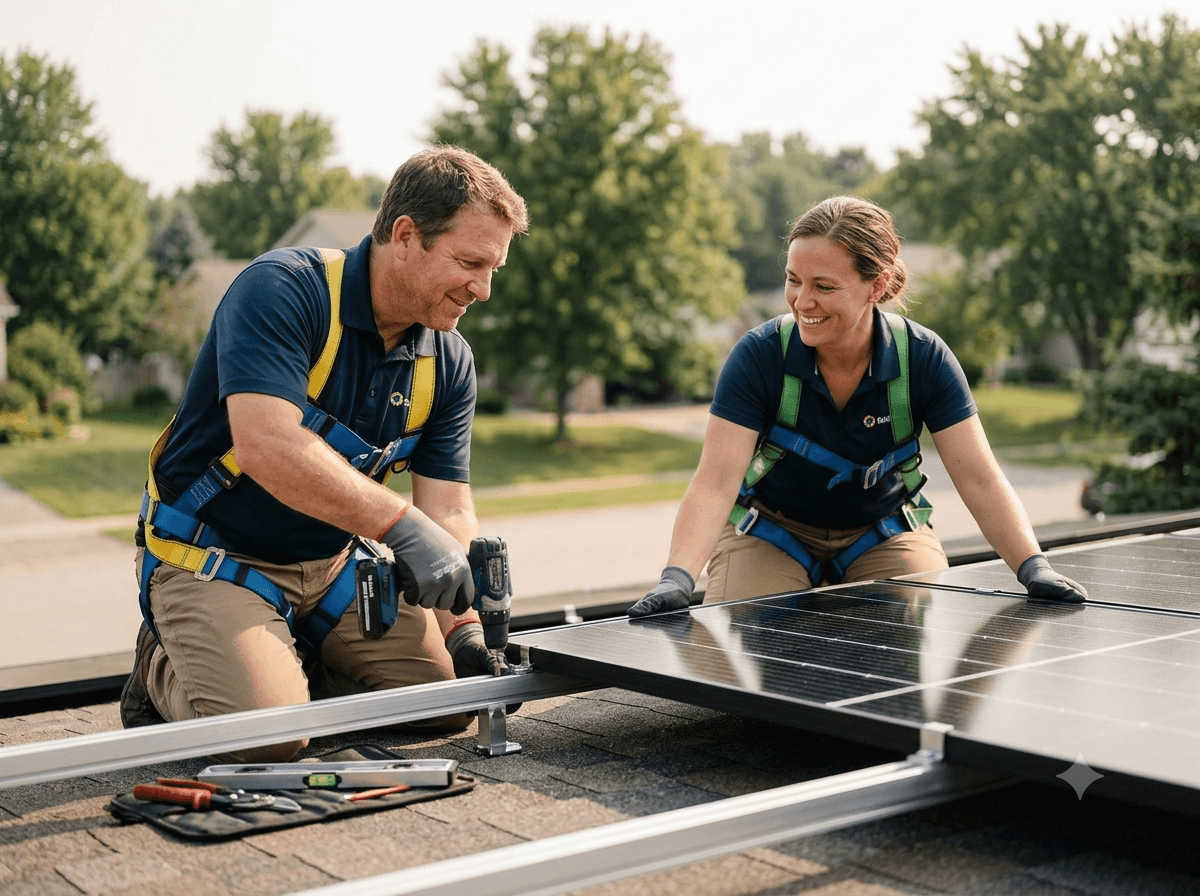 Two installers fitting solar panels on a residential roof