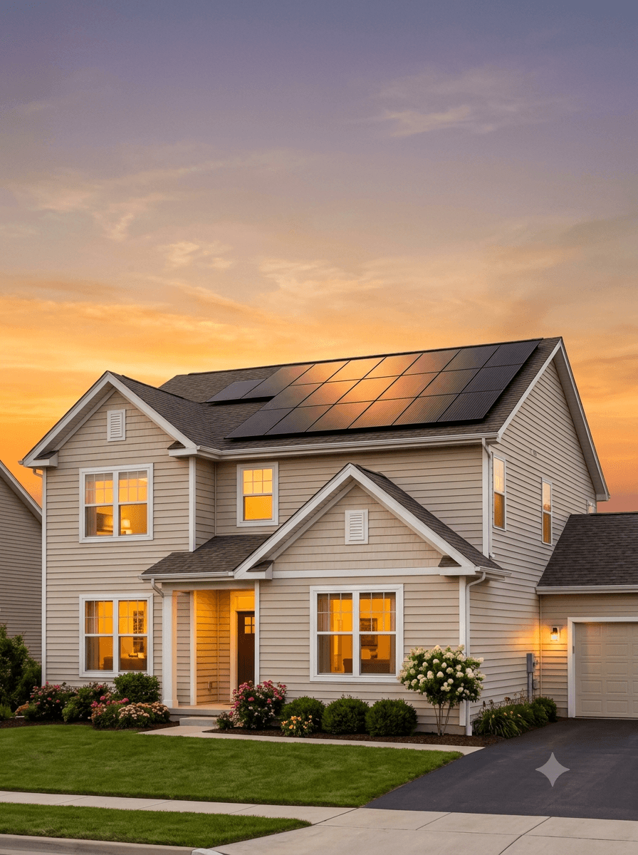 A home with rooftop solar panels at golden hour