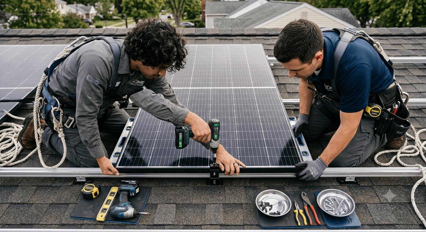 Installers securing solar panels on a sunny rooftop
