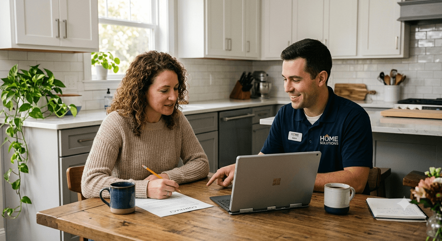 A homeowner reviewing a solar quote with a specialist at a kitchen table