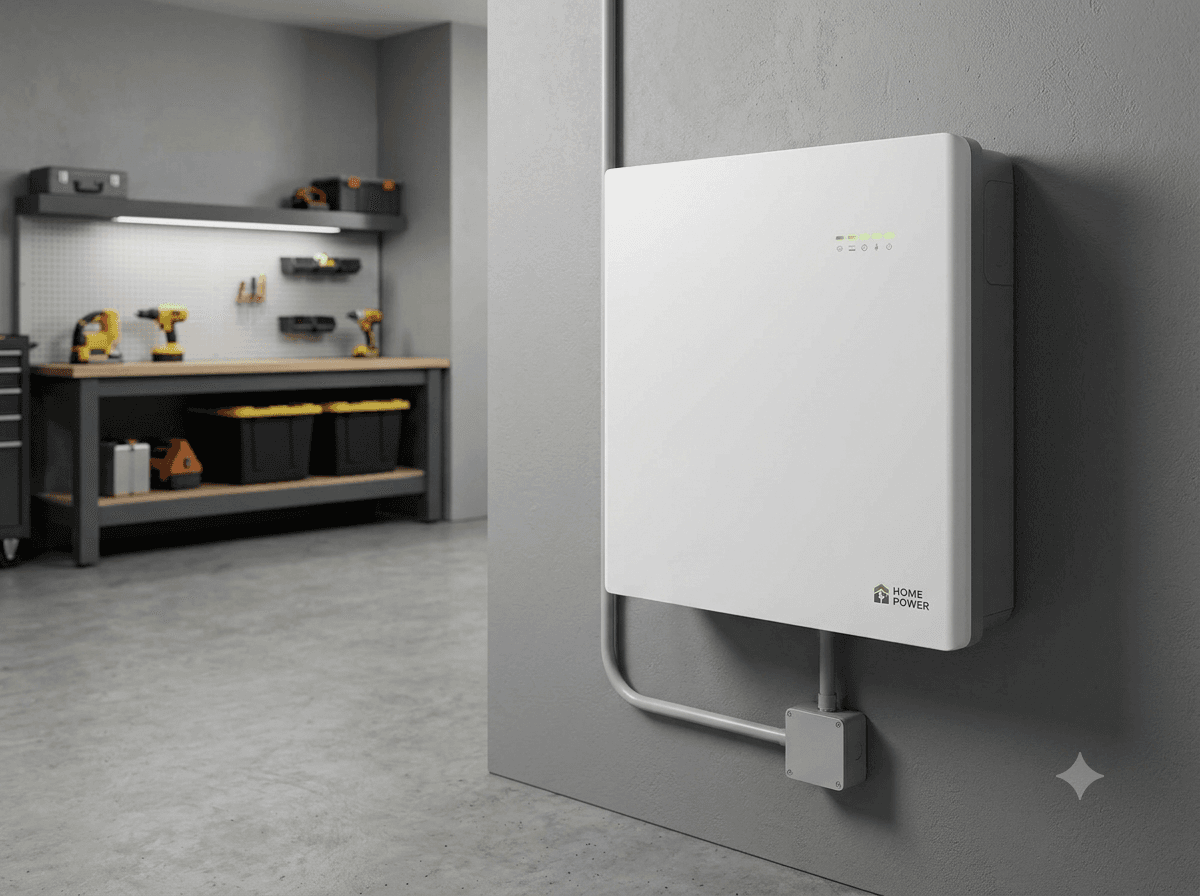 A wall-mounted home battery unit in a garage
