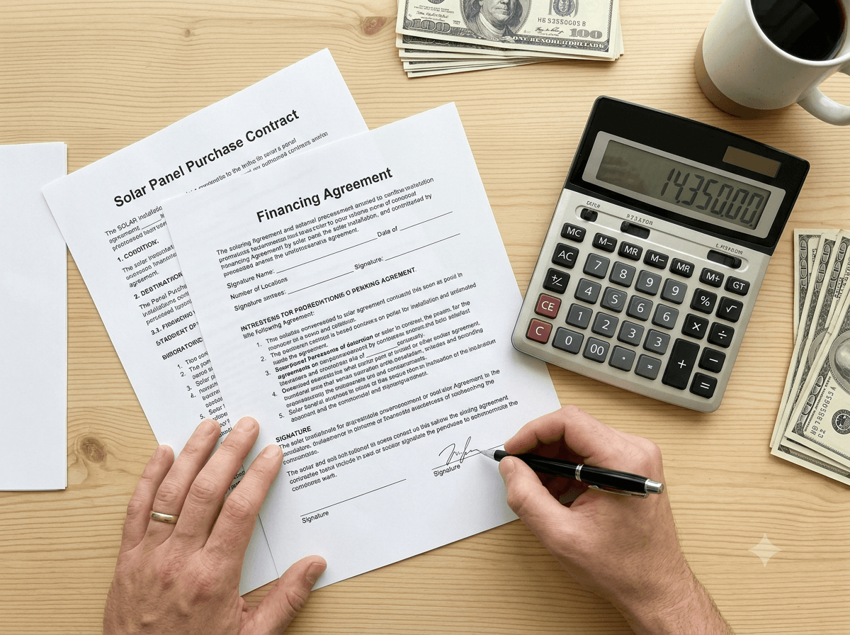 A homeowner reviewing solar financing paperwork