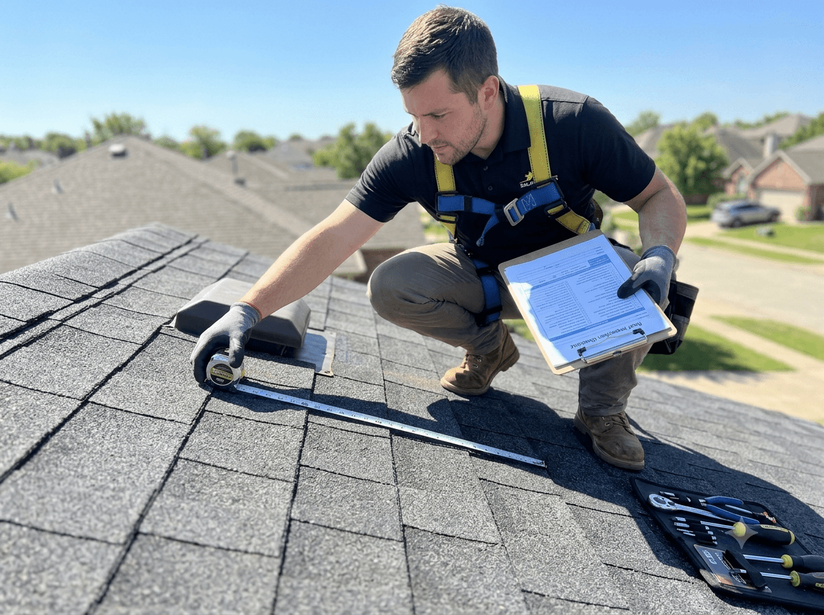 A technician inspecting roof shingles before installation