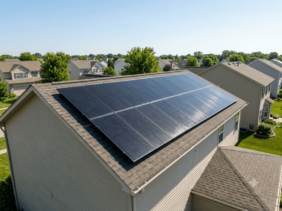 A completed solar panel array on a suburban roof