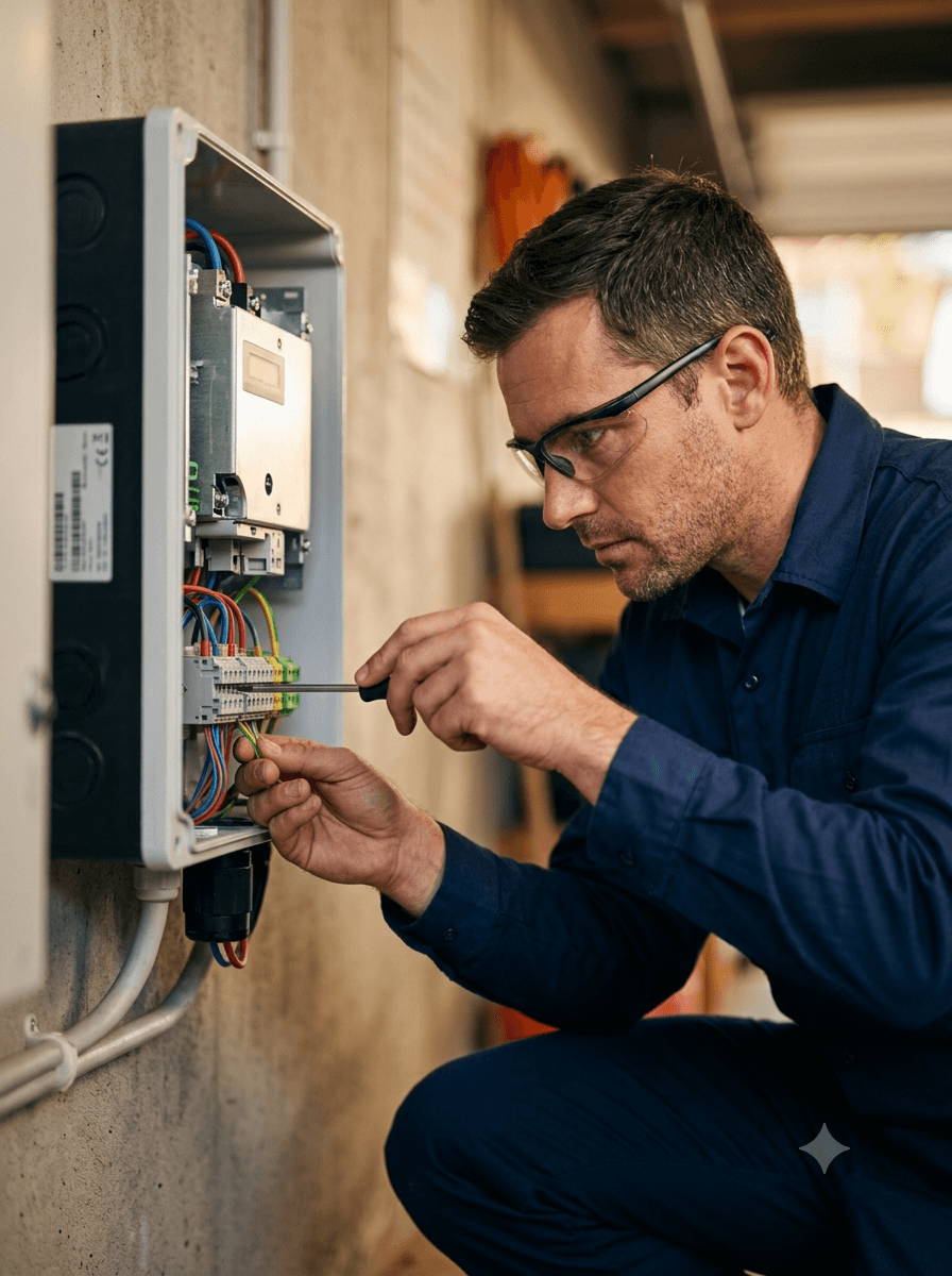 A technician wiring a solar inverter